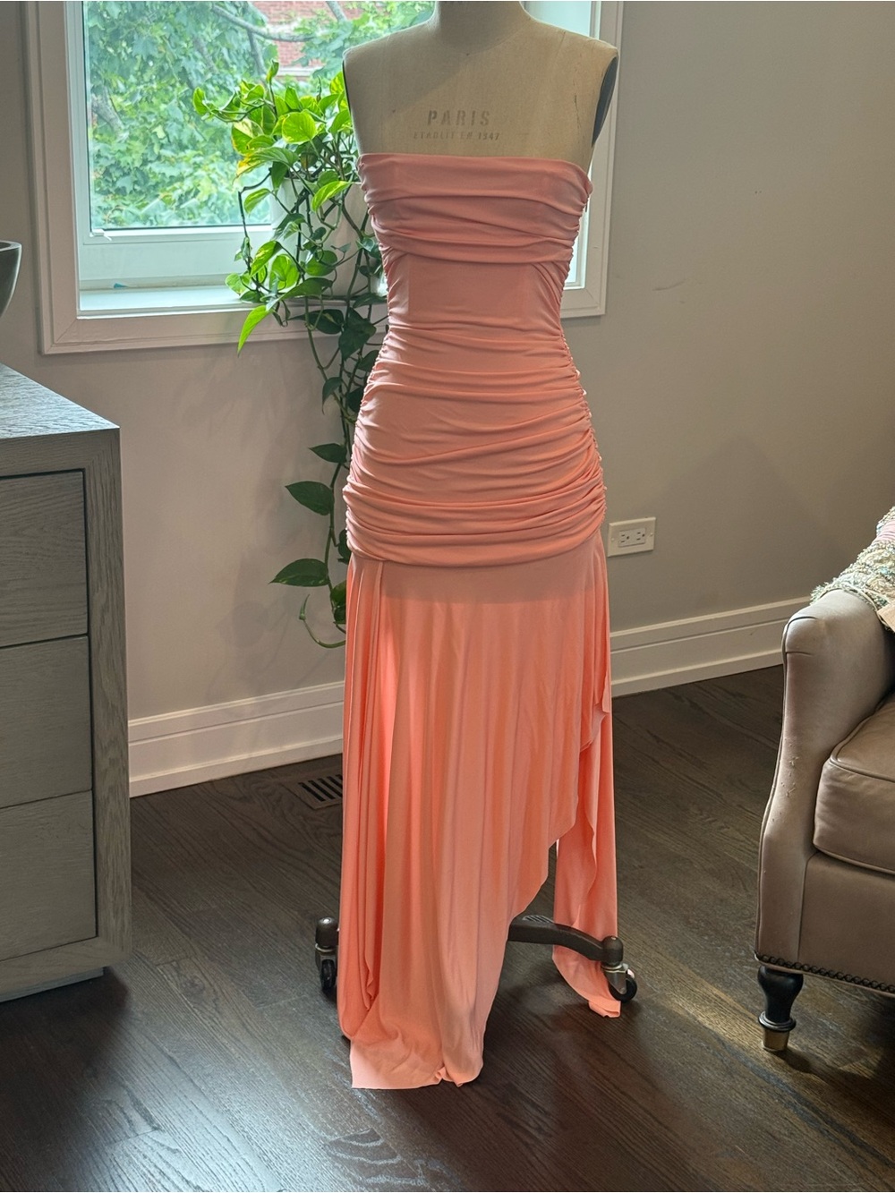 House of CB Peach Pink Off Shoulder Ruched Maxi Dress